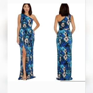 Dress the Population Bella Floral Plisse one shoulder maxi dress Cobalt M Medium